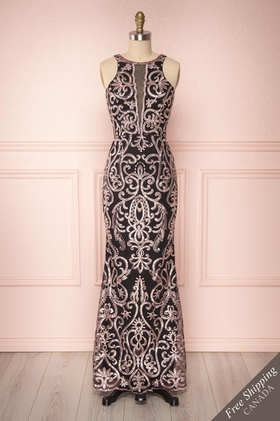 Fearne Black & Lilac Embroidered Halter Mermaid Gown | Boutique 1861