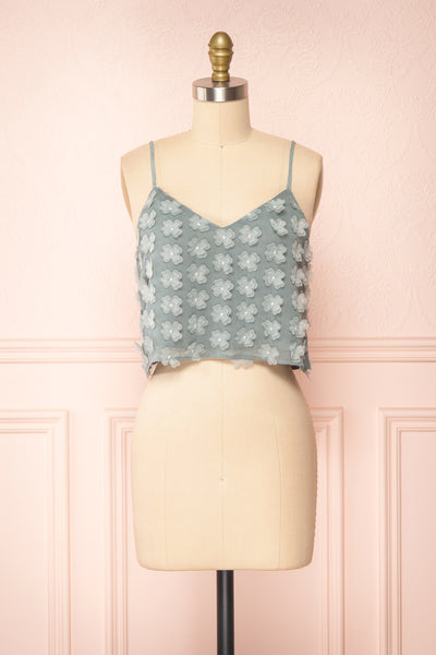 Fedir Teal Cropped Cami Top with Appliqué Flowers | Boutique 1861 front view