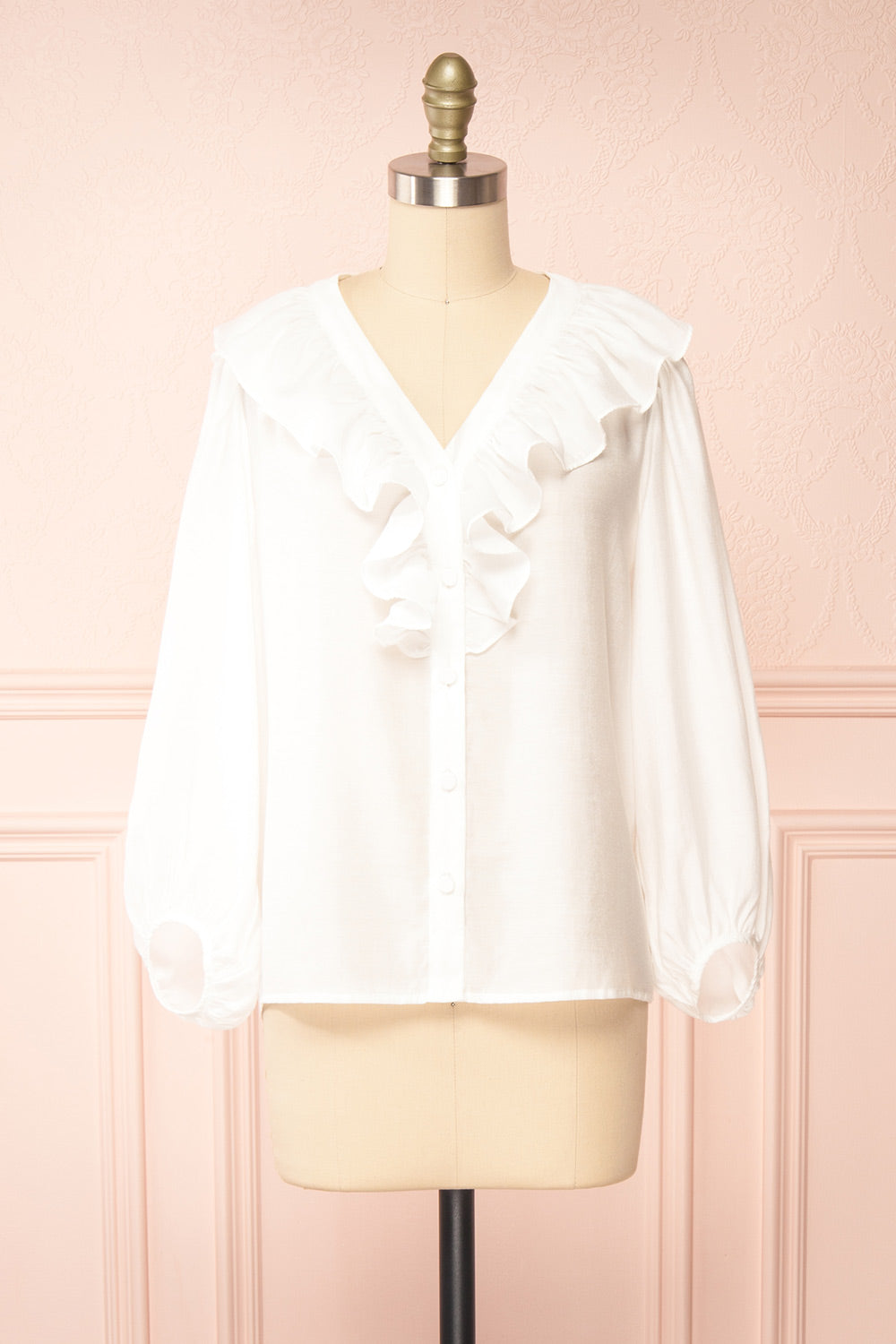 Felicie White Long Sleeve Blouse w/ Ruffle Collar | Boutique 1861 front view