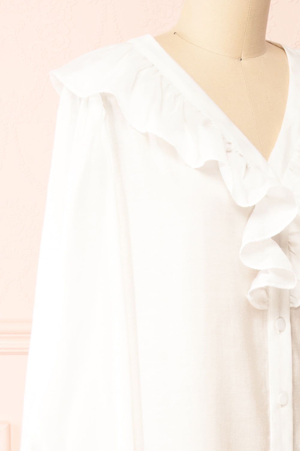 Felicie White Long Sleeve Blouse w/ Ruffle Collar | Boutique 1861 side close-up