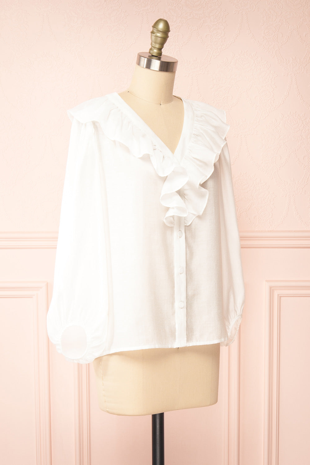 Felicie White Long Sleeve Blouse w/ Ruffle Collar | Boutique 1861 side view