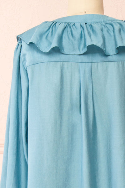 Felicie Blue Long Sleeve Blouse w/ Ruffle Collar | Boutique 1861 backc lose-up