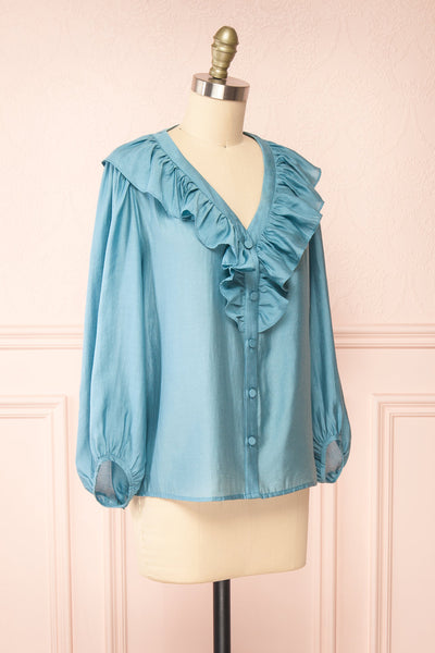Felicie Blue Long Sleeve Blouse w/ Ruffle Collar | Boutique 1861 side view