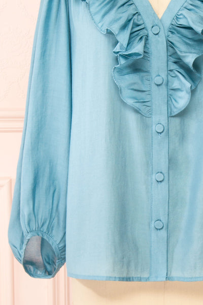 Felicie Blue Long Sleeve Blouse w/ Ruffle Collar | Boutique 1861 sleeve close-up
