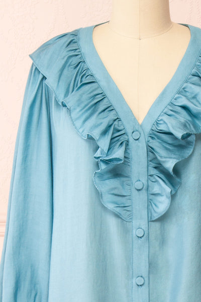 Felicie Blue Long Sleeve Blouse w/ Ruffle Collar | Boutique 1861 front close-up