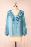 Felicie Blue Long Sleeve Blouse w/ Ruffle Collar | Boutique 1861 front view