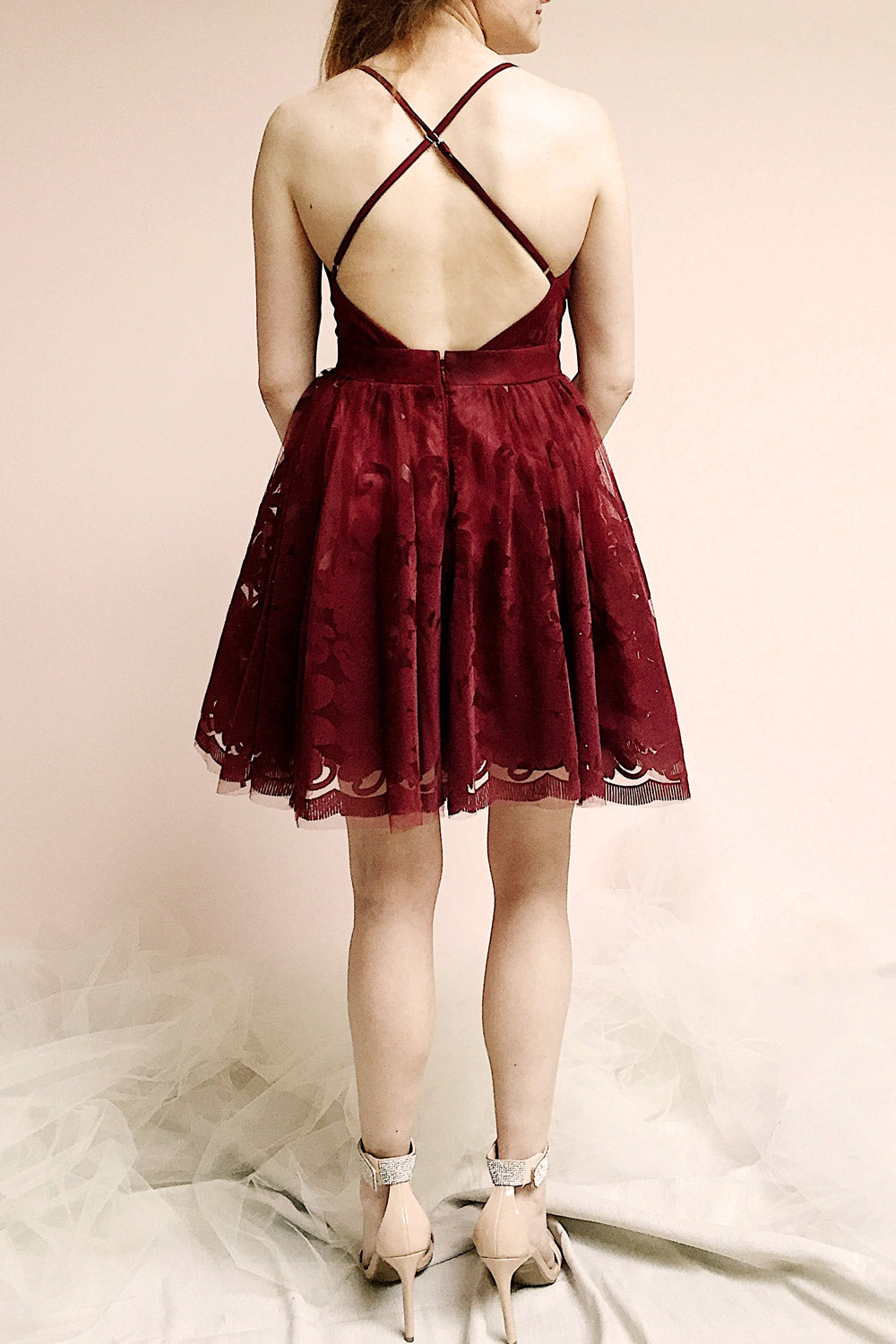 Filly Burgundy Velvet Pattern Short Party Dress | Boutique 1861 model back