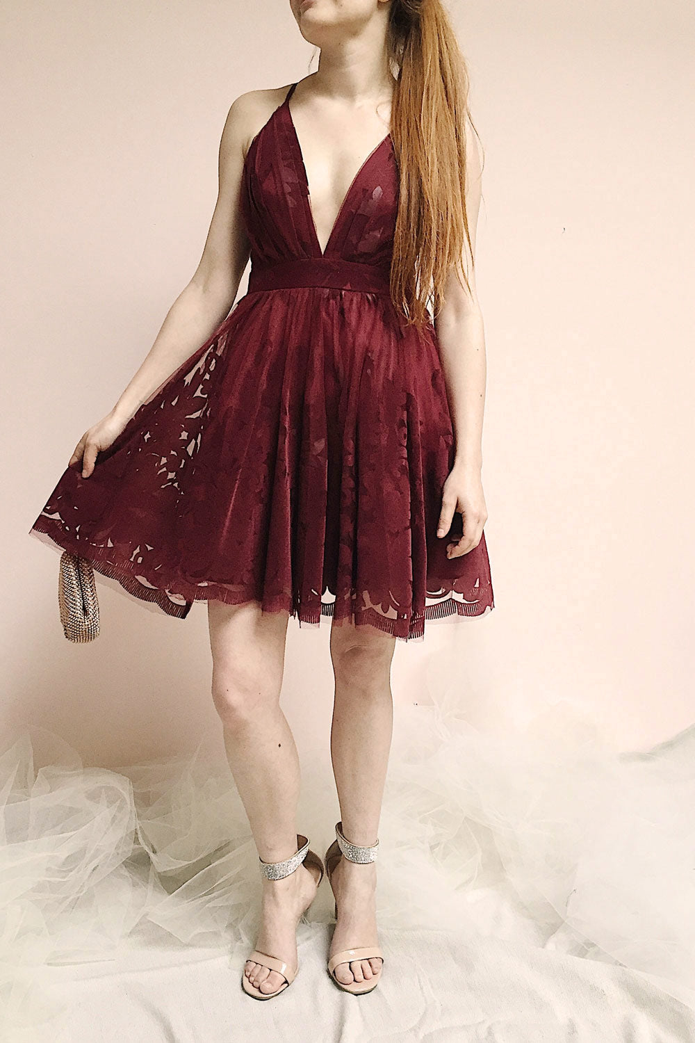 Filly Burgundy Velvet Pattern Short Party Dress | Boutique 1861 on model