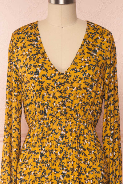 Flamands Yellow Floral Midi Dress with Long Sleeves | Boutique 1861 front close-up