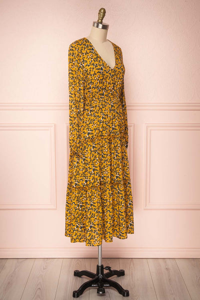Flamands Yellow Floral Midi Dress with Long Sleeves | Boutique 1861 side view