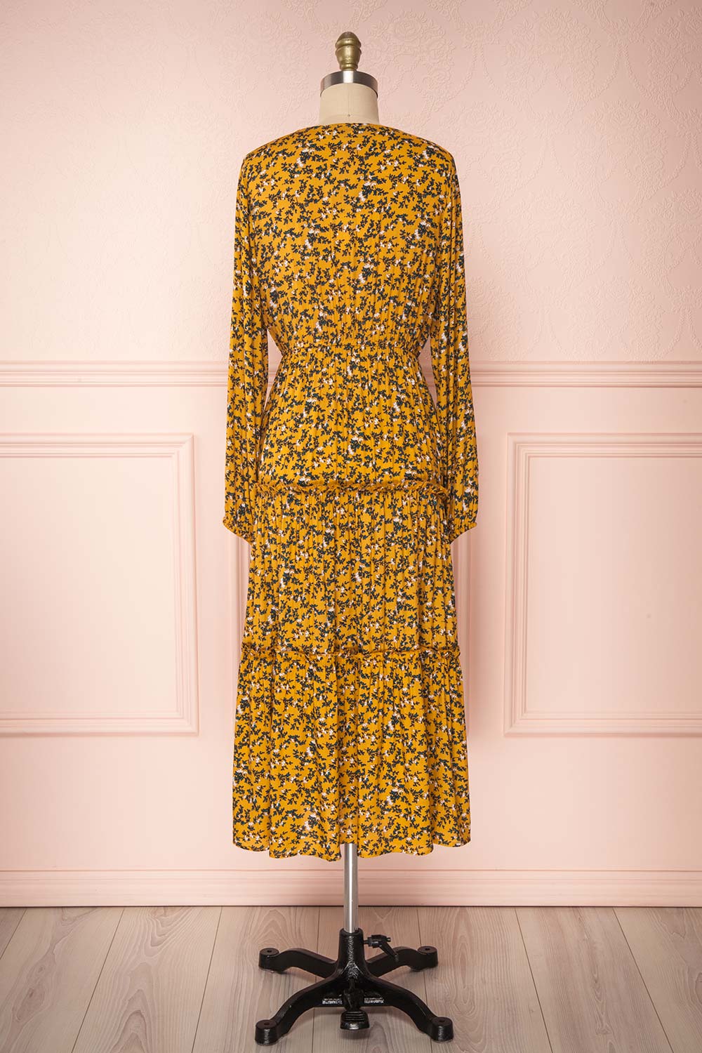 Flamands Yellow Floral Midi Dress with Long Sleeves | Boutique 1861 back view 