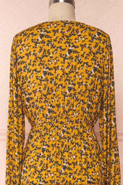 Flamands Yellow Floral Midi Dress with Long Sleeves | Boutique 1861 back close-up