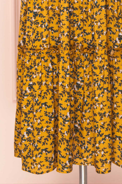 Flamands Yellow Floral Midi Dress with Long Sleeves | Boutique 1861 bottom close-up