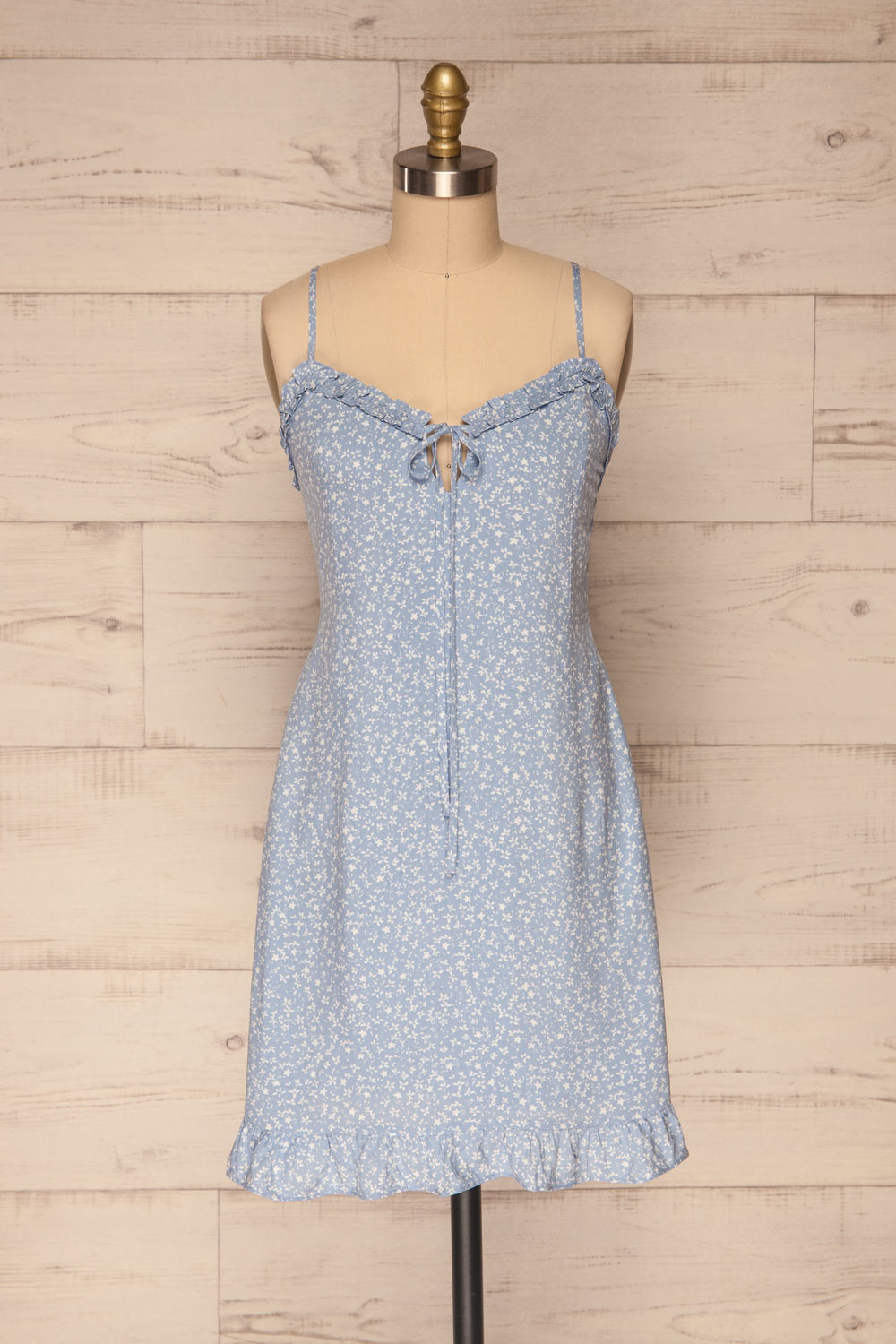 Fleurance Light Blue Patterned Short Dress | La petite garçonne front view