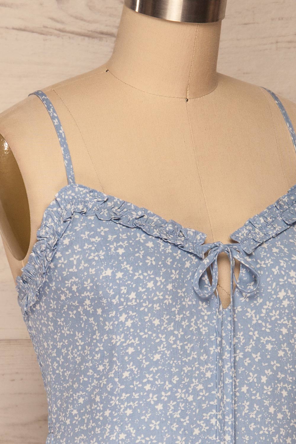 Fleurance Light Blue Patterned Short Dress | La petite garçonne side close up