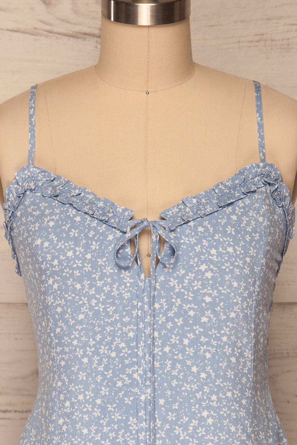 Fleurance Light Blue Patterned Short Dress | La petite garçonne front close up