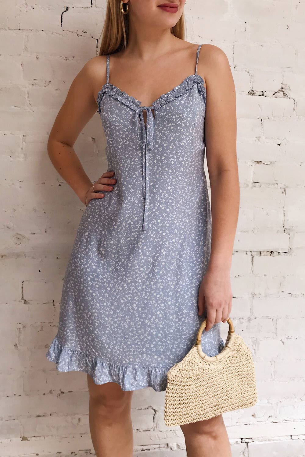 Fleurance Light Blue Patterned Short Dress | La petite garçonne on model