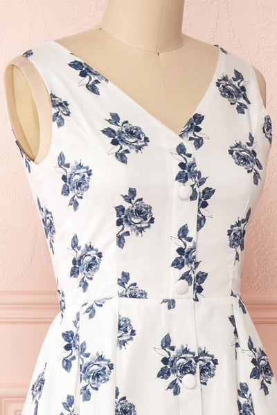 Folium White Midi Summer Dress w/ Flowers | Boutique 1861 side close-up