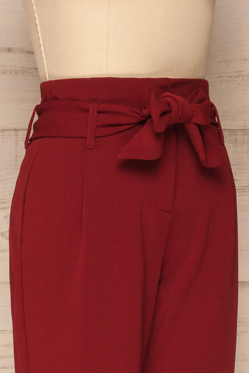 Forenza Burgundy High-Waisted Pleated Pants | La Petite Garçonne side close-up