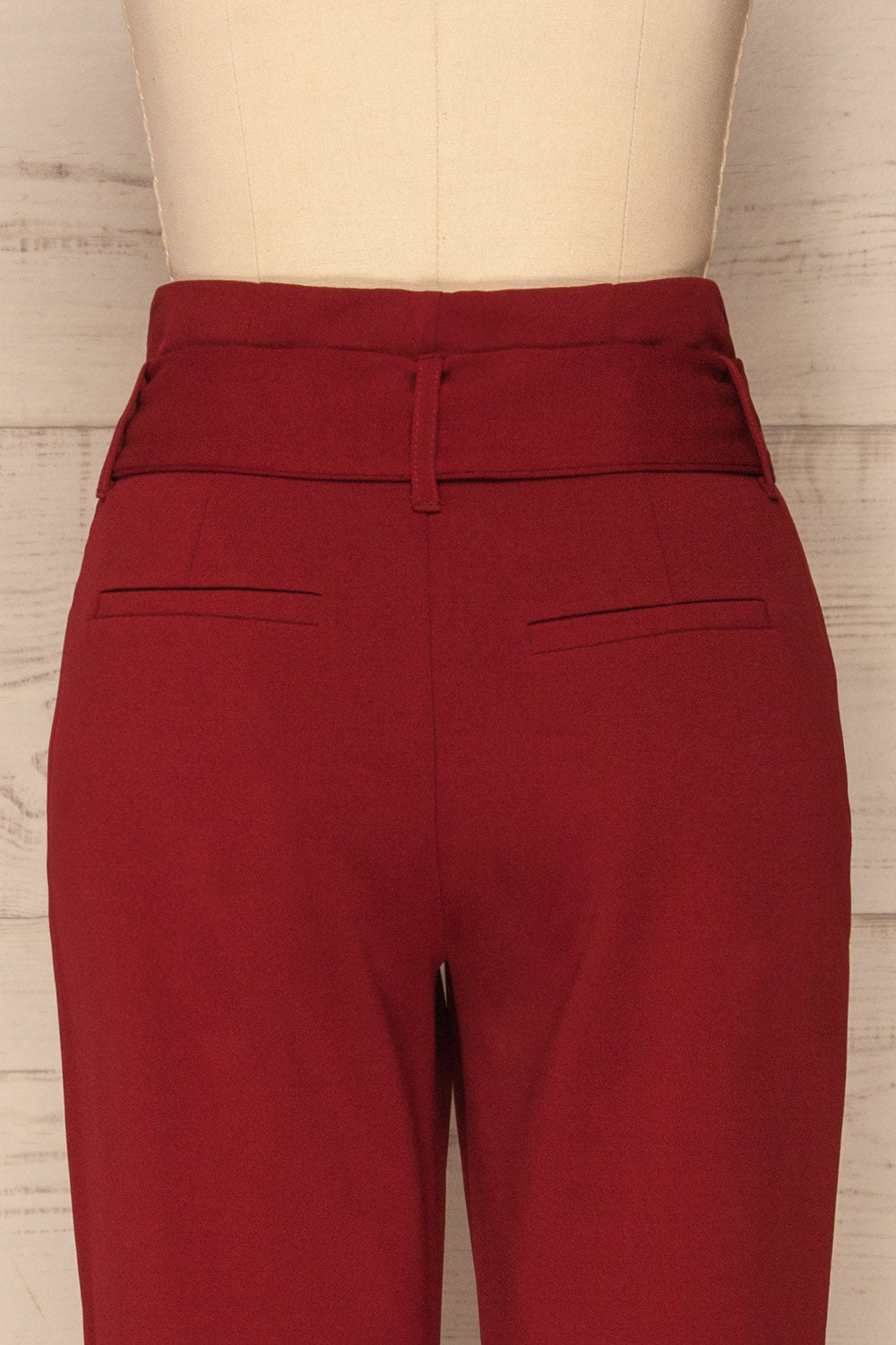 Forenza Burgundy High-Waisted Pleated Pants | La Petite Garçonne back close-up