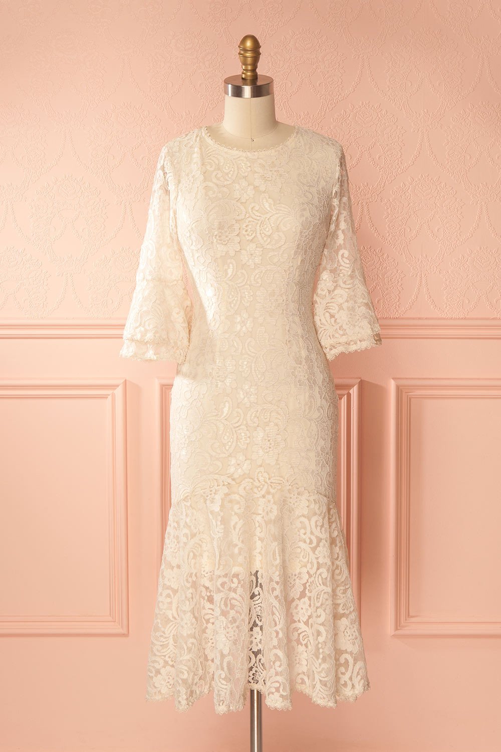 Freia Beige Lace Mermaid Midi Dress | Boutique 1861