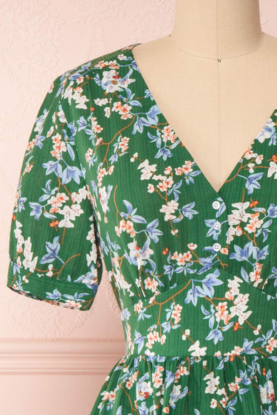 Frieda Green Floral Short Sleeve Midi Dress | Boutique 1861 front close-up