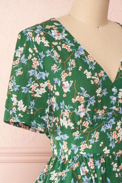 Frieda Green Floral Short Sleeve Midi Dress | Boutique 1861 side close-up