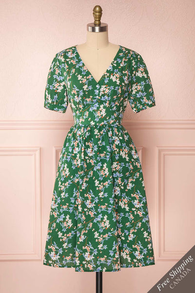 Frieda Green Floral Short Sleeve Midi Dress | Boutique 1861 front view