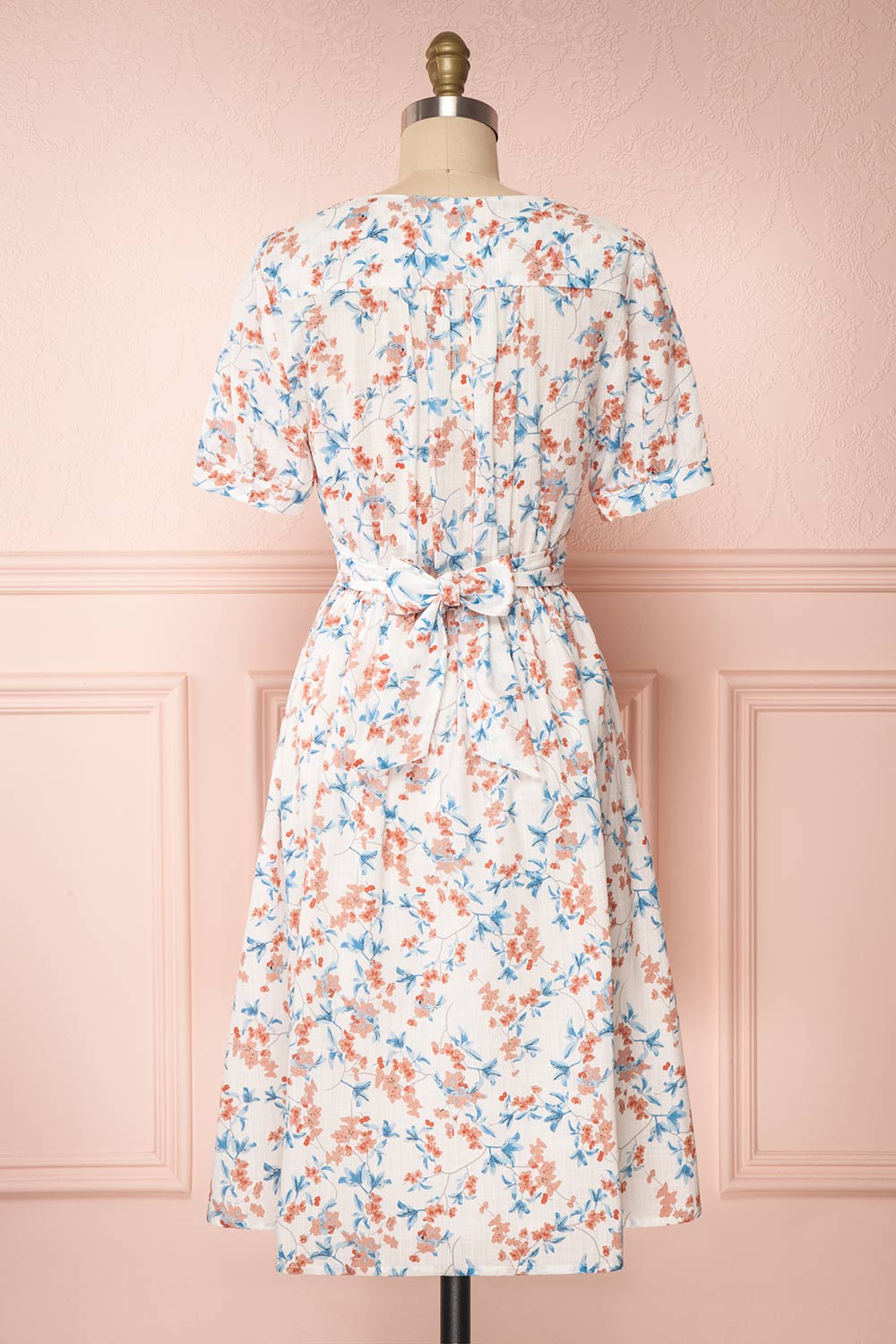 Frieda White Floral Short Sleeve Midi Dress | Boutique 1861 back view 