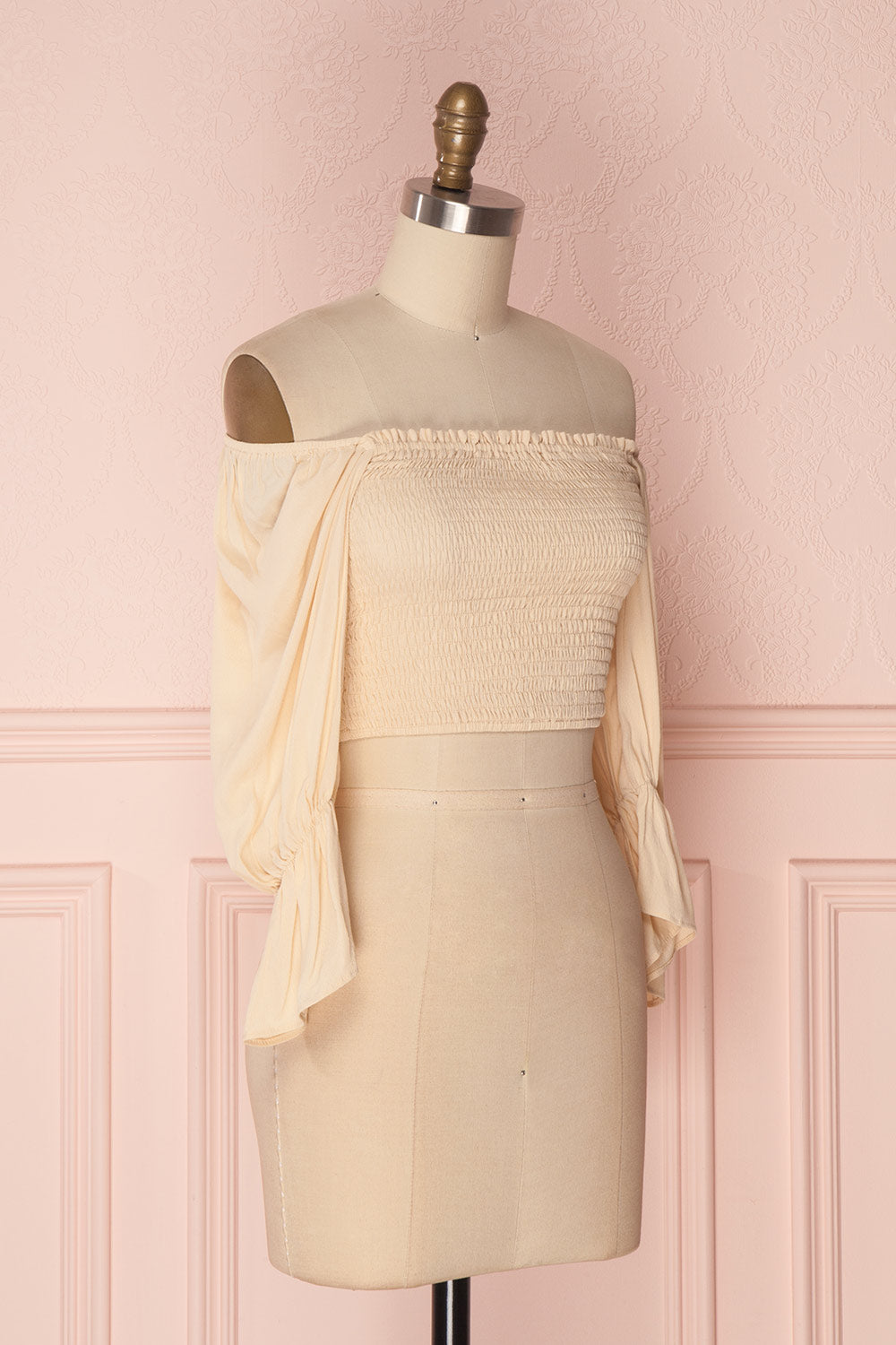 Fusako Beige Fitted Off-Shoulder Crop Top | Boutique 1861 3