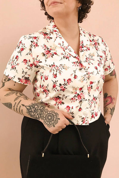 Fuujin White & Pink Floral Buttoned Crop Top | Boutique 1861 on model