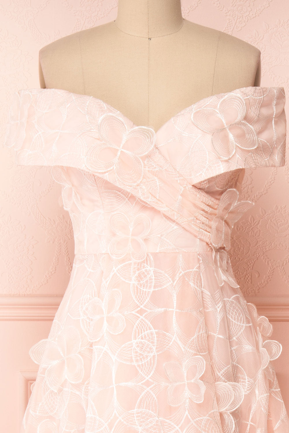 Galyna Pink Floral Off-Shoulder A-Line Gown | Boutique 1861 front close-up