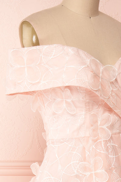 Galyna Pink Floral Off-Shoulder A-Line Gown | Boutique 1861 side close-up