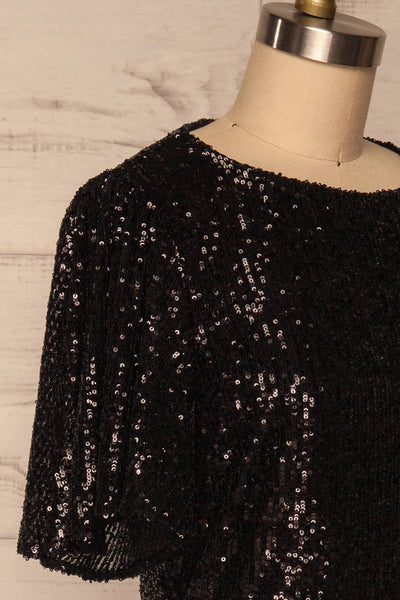 Gamze Noir Black Sequin Short Shift Dress side close up | La Petite Garçonne