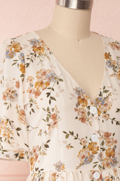 Gandiva White Floral Button-Up Dress | Boutique 1861 side close up