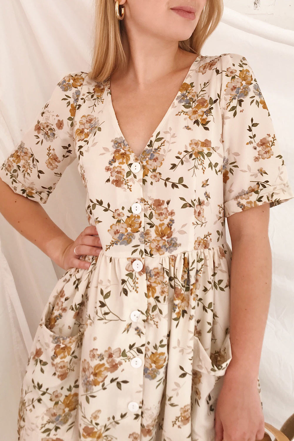 Gandiva White Floral Button-Up Midi Dress | Boutique 1861 on model