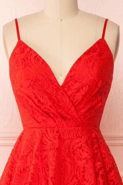Gavina Red Lace A-Line Party Dress | Robe | Boutique 1861 front close-up