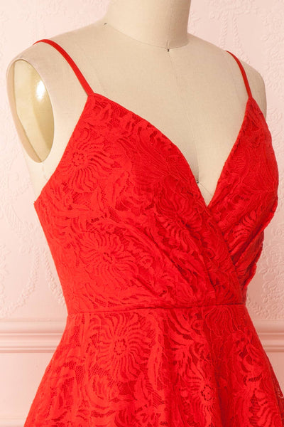 Gavina Red Lace A-Line Party Dress | Robe | Boutique 1861 side close-up