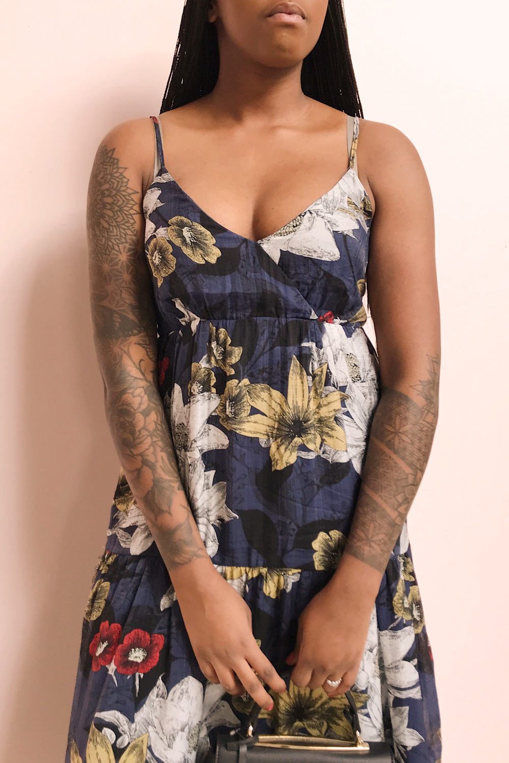 Genoise Navy Floral A-Line Midi Dress | Boutique 1861 on model