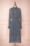 Georgiy Navy Blue Floral Midi Dress with Puff Sleeves  | FRONT VIEW | Boutique 1861