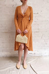Gergen Mustard Yellow Wrap Midi Dress | Boutique 1861 model look