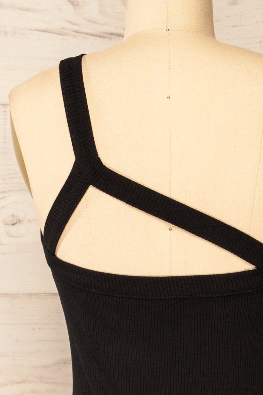 Giurgiu Black Asymmetrical Ribbed Tank Top | La petite garçonne back close-up