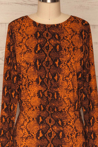 Gliwice Arancia Orange Snake Pattern Dress | FRONT CLOSE UP | La Petite Garçonne