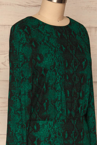 Gliwice Verde Green Snake Pattern Cocktail Dress | SIDE CLOSE UP  | La Petite Garçonne