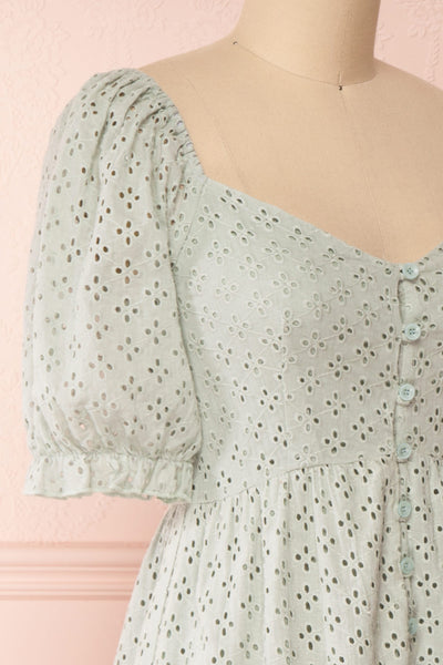 Gloria Mint Sage A-Line Openwork Midi Dress | Boutique 1861 side close-up