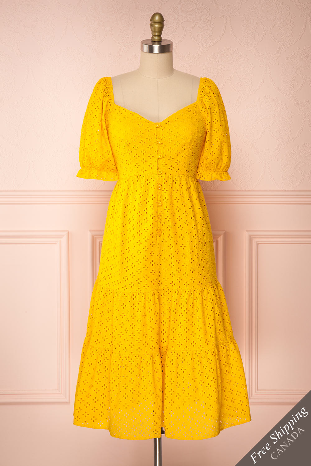 Gloria Yellow A-Line Openwork Midi Dress | Boutique 1861 front view