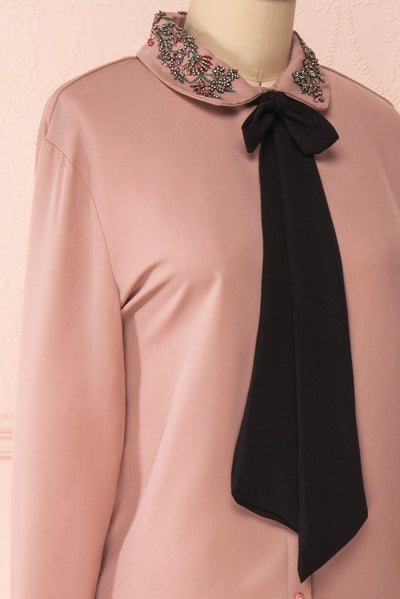 Godiva Nude Beige Tie Bow Neckline Blouse | Boutique 1861 side close-up