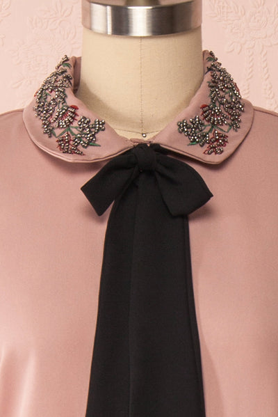 Godiva Nude Beige Tie Bow Neckline Blouse | Boutique 1861 details
