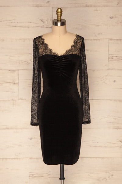 Gostynin Black Velvet Dress with Lace Sleeves front view | La Petite Garçonne