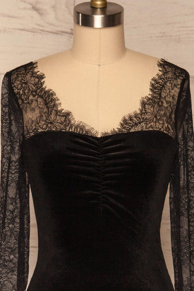Gostynin Black Velvet Dress with Lace Sleeves front close up | La Petite Garçonne